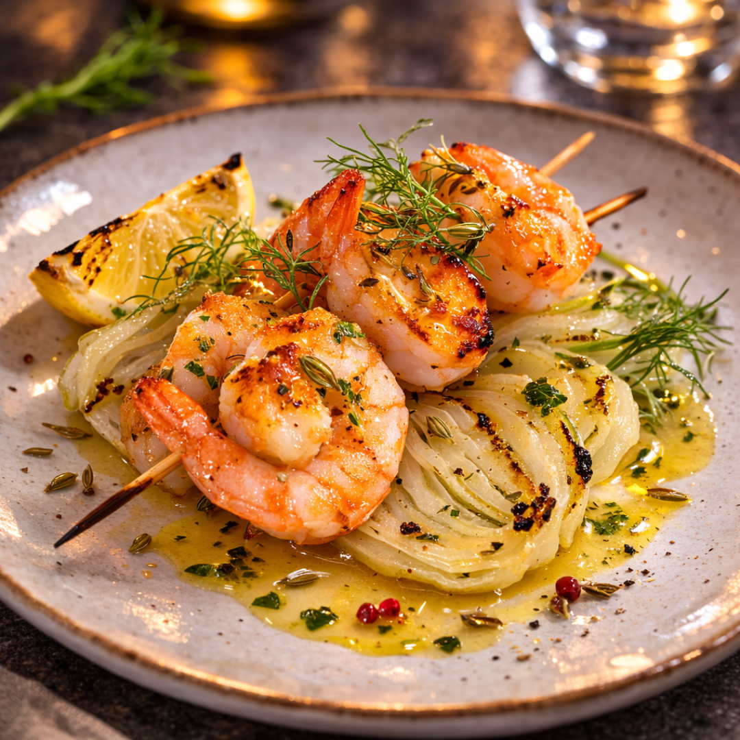 Brochettes de crevettes roses flambées au pastis et fenouil