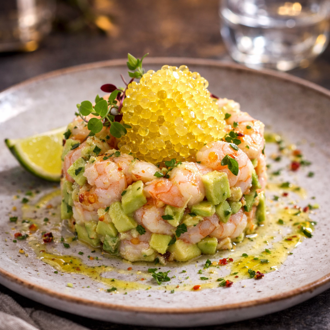 Tartare de crevettes roses, caviar de citron et avocat wasabi