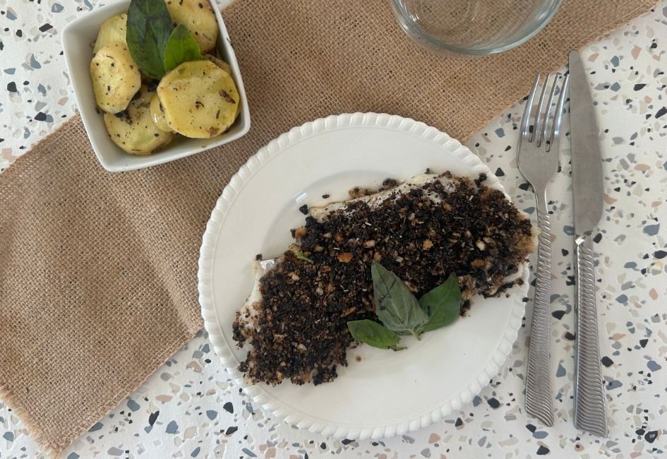 Églefin en croûte d&rsquo;olives et basilic